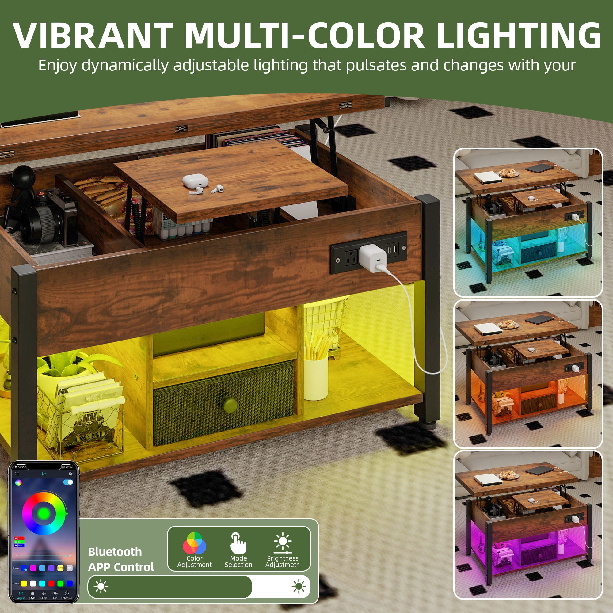 Uforic 4-in-1 Lift Top Coffee Table with RGB Light, Storage, Power Outlets, Dual Tops, Brown