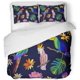 thumbnail image 1 of ABPHQTO Juego de ropa de cama de 3 piezas Noche de verano tropical colorida con loros Flores de tucán y hojas de palma en funda nórdica negra con 2 fundas de almohada, 1 of 1