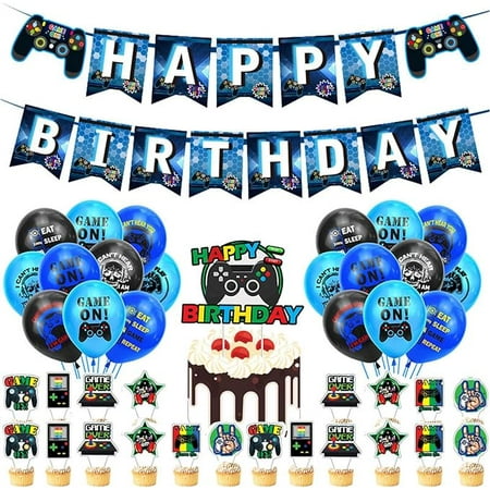 Video Game Birthday Party Decorations, Cute Birthday Party Supplies for Boys Girls Include Happy Birthday Banner Cake Topper Balloons,Racing Theme Sports Event Party Supplies