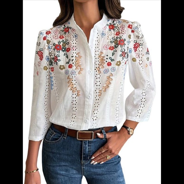 Blusa Informal con Cuello de Banda, Mangas Abullonadas 3/4 y Bordado Floral con Ojales para Mujer Rojo M