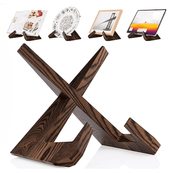 Rustic Cookbook Holder Stand for Kitchen, Recipe Book Holder for Kitchen Counter, Wooden Kitchen Book Holder, Rustic Cook Book Holder Stand with Natural Wooden Grains (Brown)