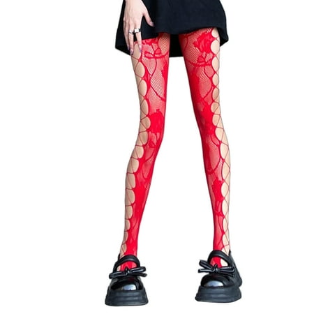 

HOTYA Gothic Sexy Side Hollow Pantyhose Hosiery Tights Women Rose Flower Jacquard Patterned Tattoo Fishnet Stockings Leggings