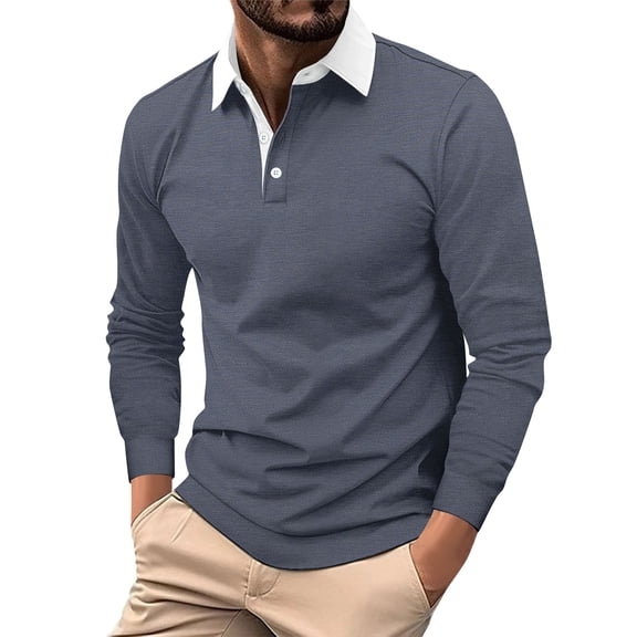 LTTVQM Men's Long Sleeve Polo Shirts Slim-fit Cotton Fashion Shirt Basic Color Spliced Designed Spring Clothes Light Gray 2XL