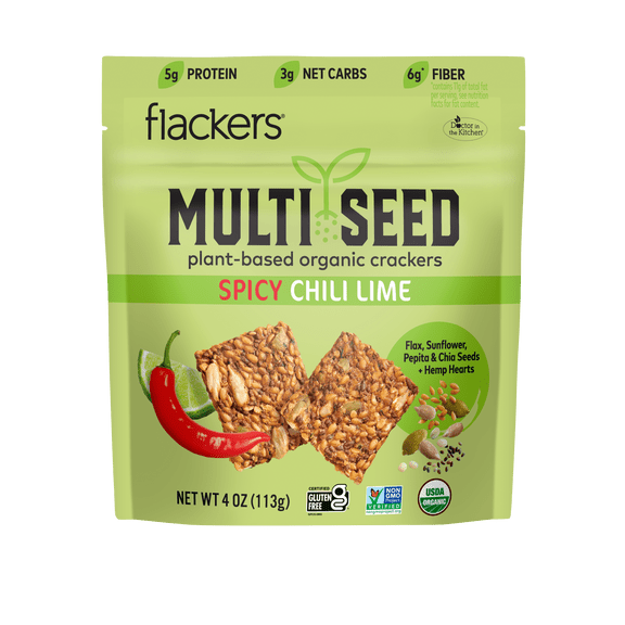 Flackers Organic Spicy Chili Lime Multiseed Crackers, Gluten Free, Non-GMO, Vegan, Keto, 4 Ounce bag