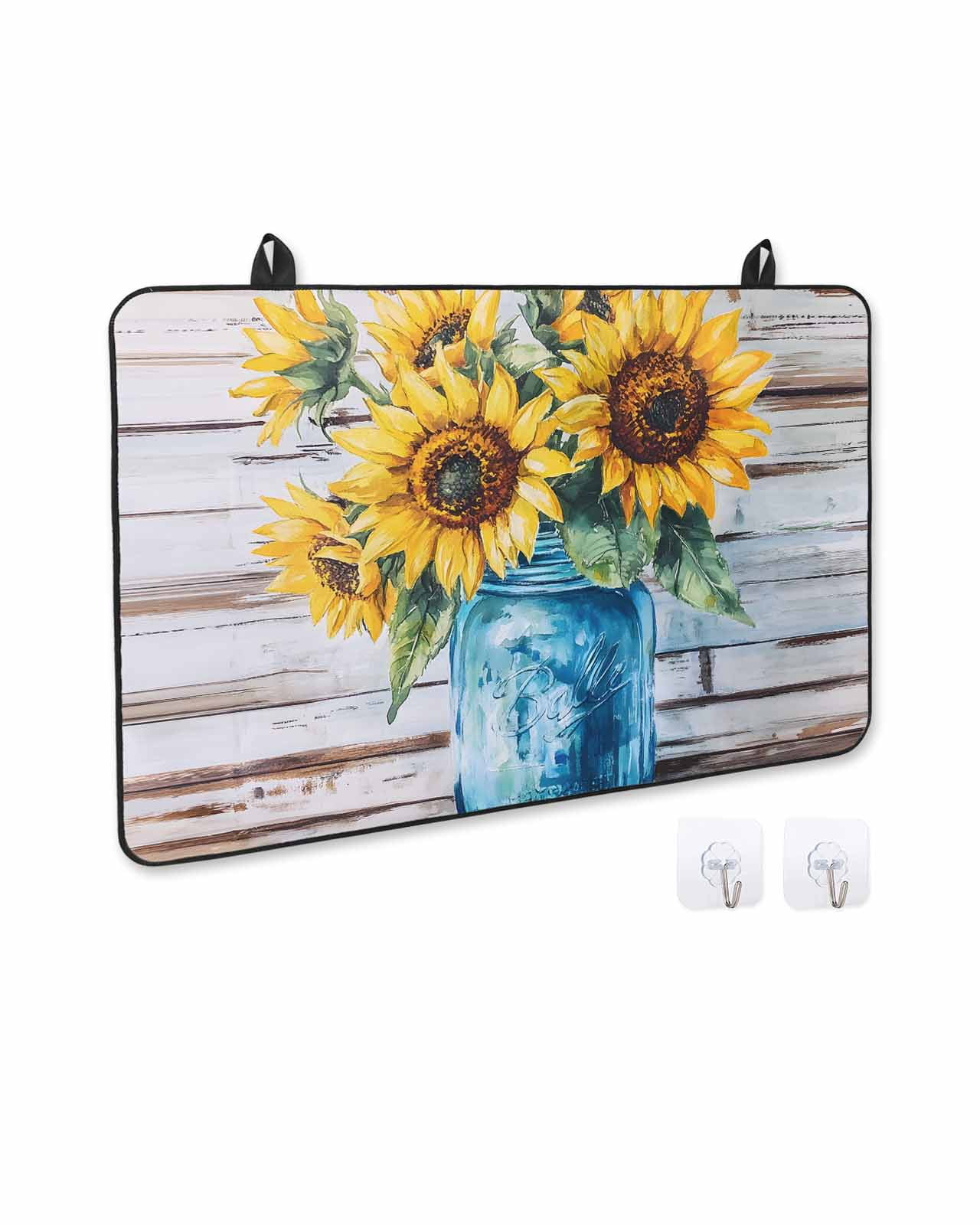 nqOlkjepod Large Induction Cooktop Protector Mat 24"x21", Sunflower Stove Top Covers for Electric Stove, Watercolor Yellow Floral Vintage Wooden Grain Stove Burner Cover Mats, Glass Top Stove Cover