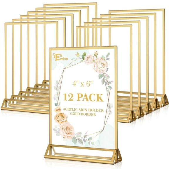 EHWINE 12 pack Acrylic Sign Holder 4 x 6, Double Sided Gold Table Top Picture Frame, Clear Display Stand for Menu, Flyer, Wedding or Party Use