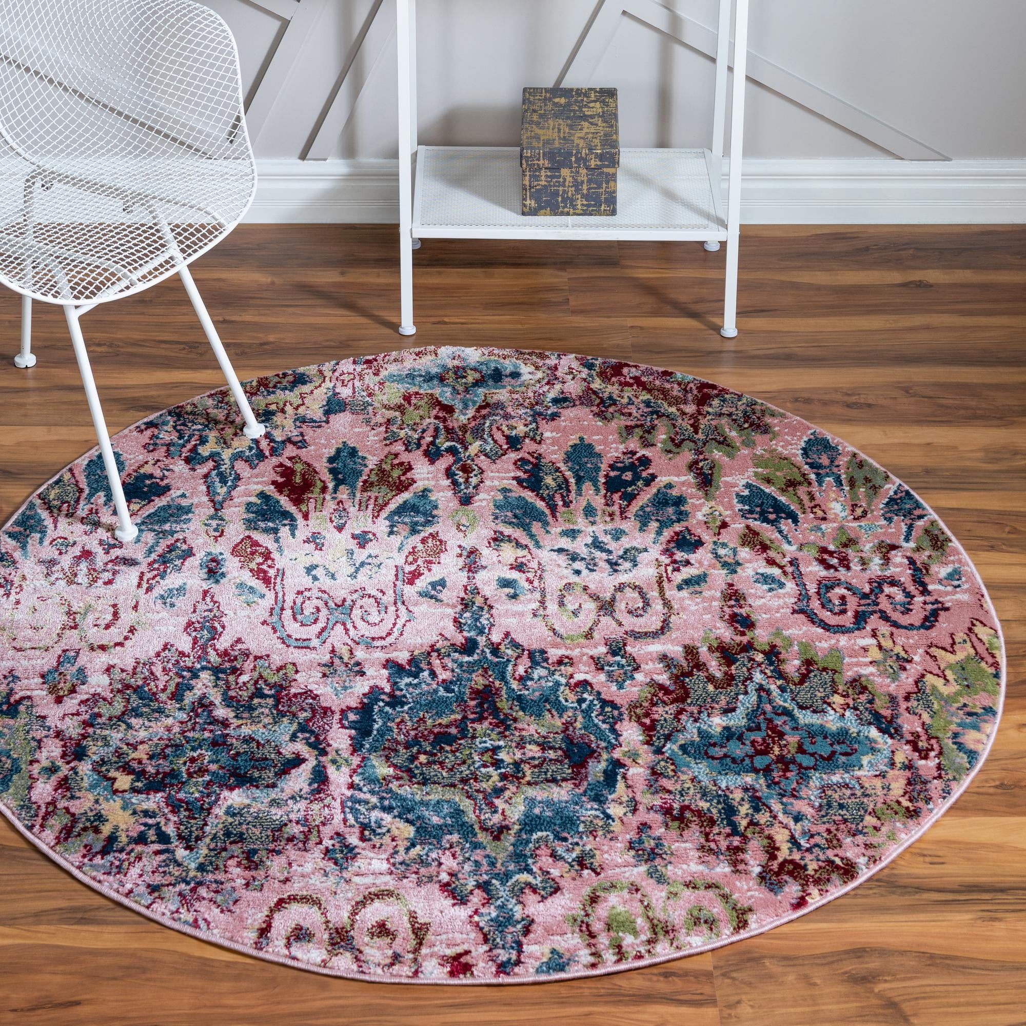 Charleston Collection Rug 5 Ft Round Pink LowPile Rug