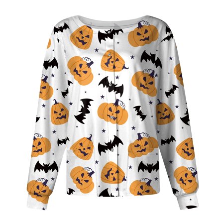 

PURJKPU Halloween Women Scrub Jackets Working Pumpkin Face Bat Printed Uniform Tops O Neck Single-Breasted Scrub Top Long Sleeve Nurse Jackets with Pockets White S
