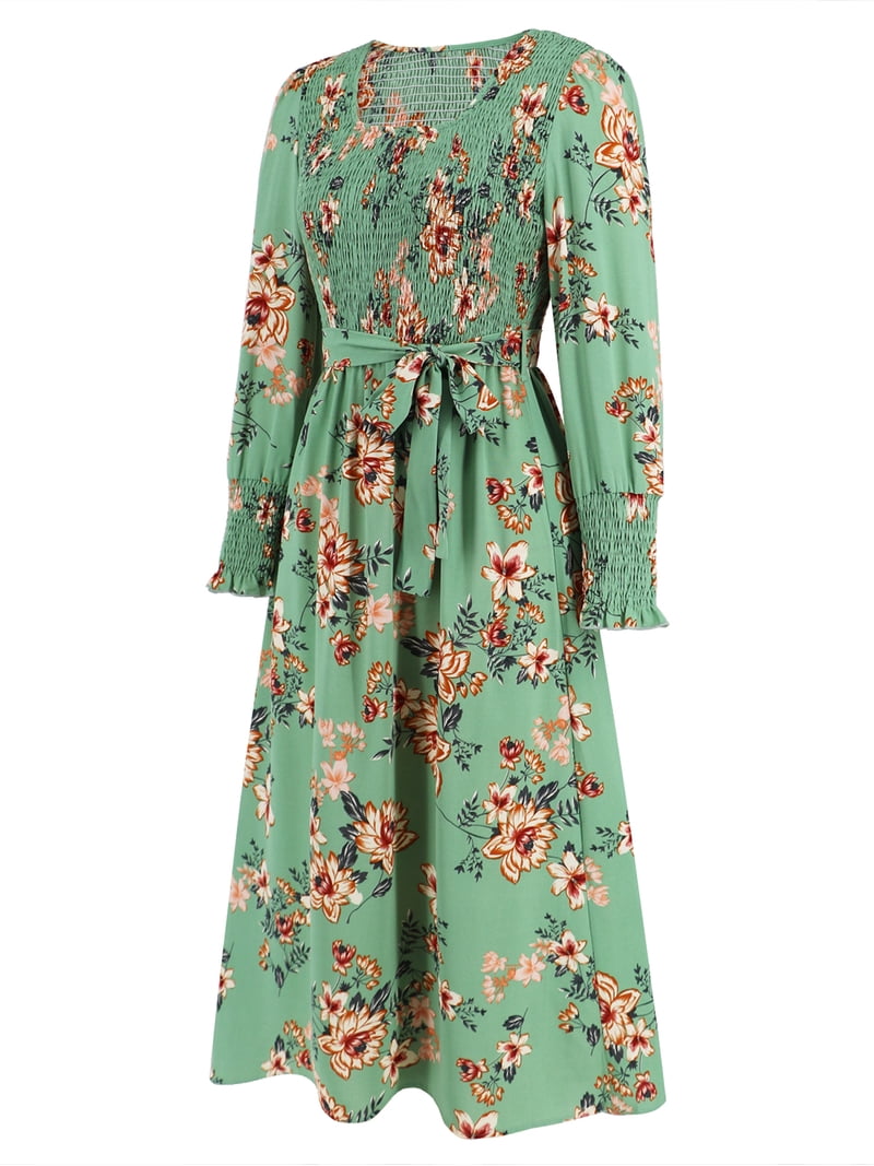 GXFC Women Wrap Midi Dress Vintage Long Sleeve Flower Print Flowy Dress -  Walmart.com