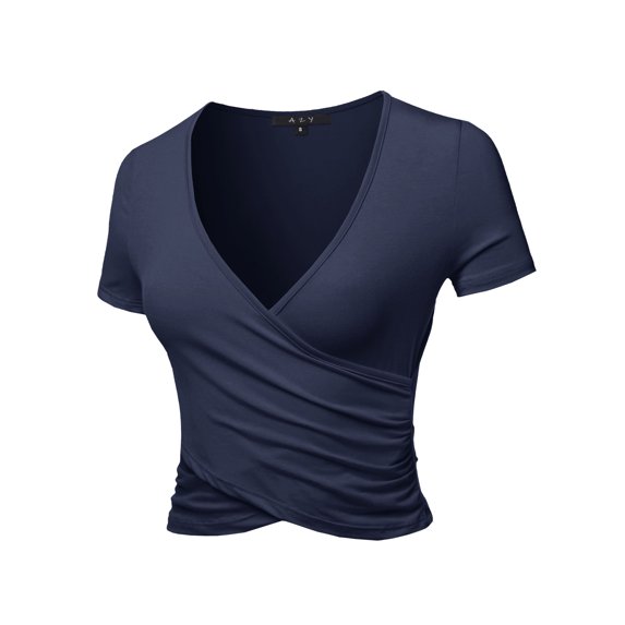 A2Y Women's Deep V-Neck Short Sleeve Unique Slim Fit Cross Wrap Shirt Crop Tops Navy M