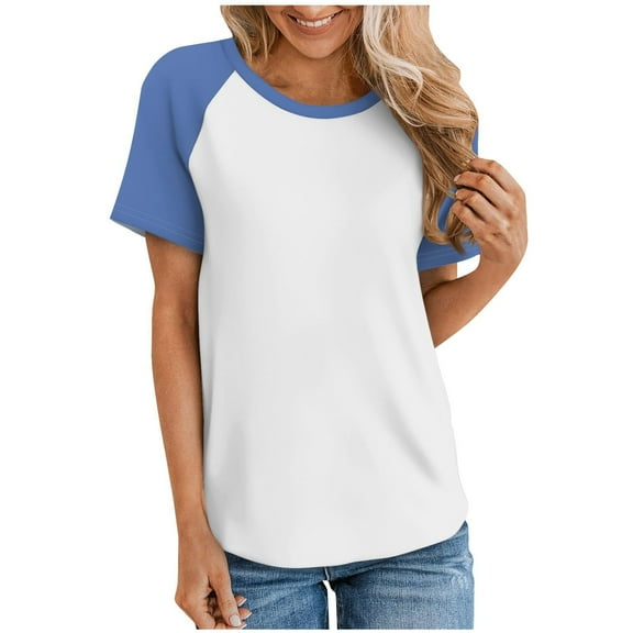 Scyoekwg Womens Casual Short Sleeve Tops Round Neck Basic Tops Loose Trendy Color Block Patchwork Lightweight Blouses (Blue,L)