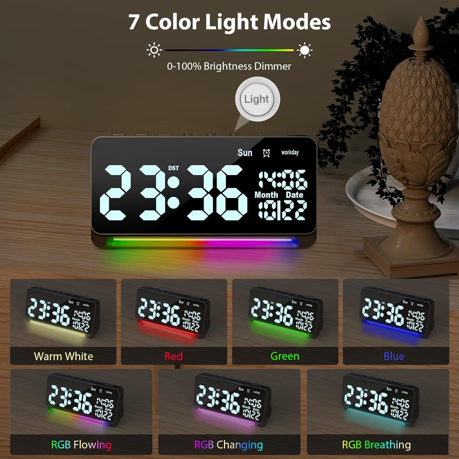120db Super Loud Alarm Clocks for Heavy Sleepers adults , 15 Wake Up Sounds Alarm Clock for Heavy sleepers , 7 Color Night Light, Dynamic RGB Color , 0-100% Dimmer, Snooze, DST , Large LED Display