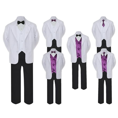 

5-7pc Formal Black White Suit Set Eggplant Bow Necktie Vest Boy Baby Sm-20 Teen