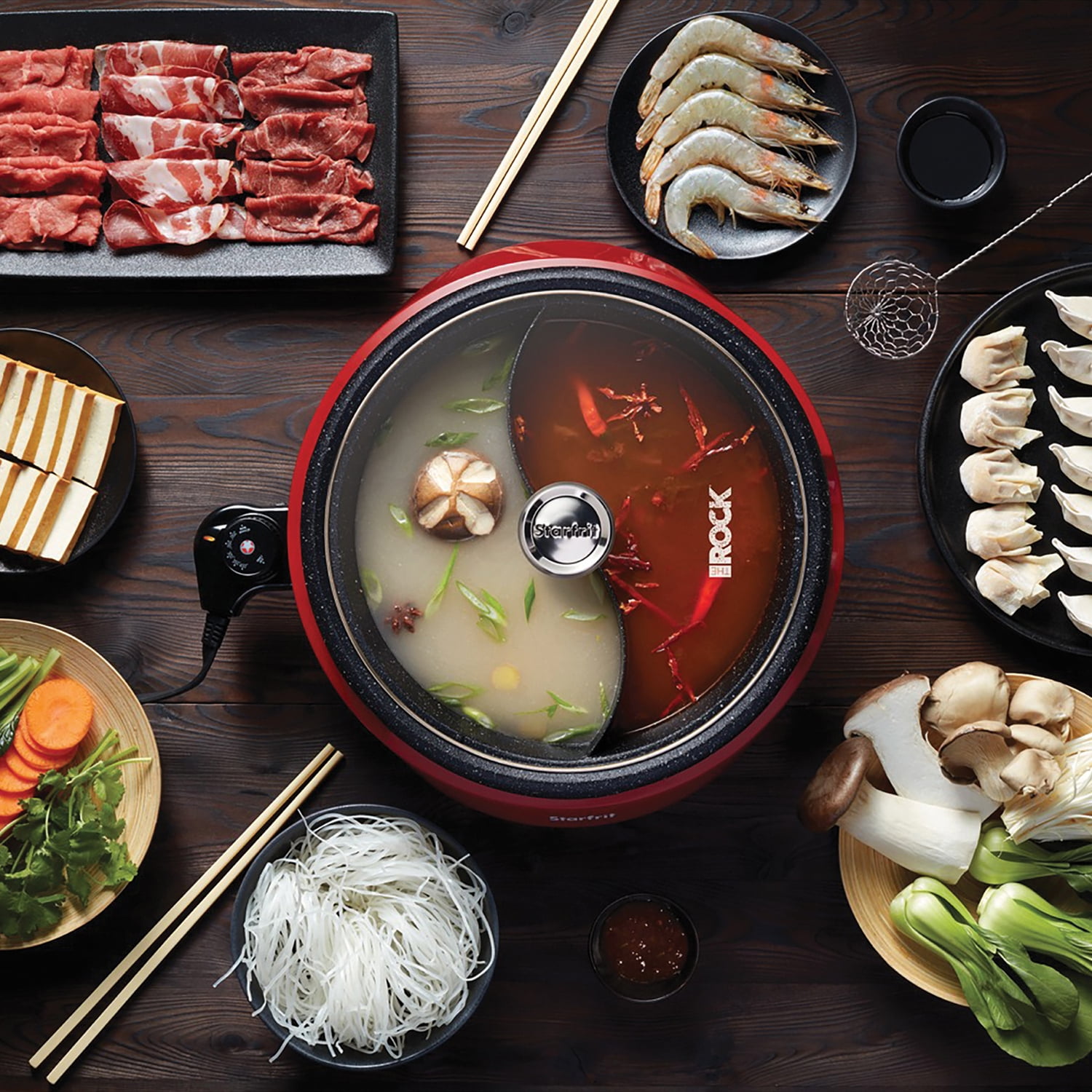 THE ROCK by Starfrit 3.2-Qt. Dual-Sided Electric Hot Pot with Glass Lid, Red, 024425-002-0000