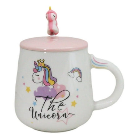 White Whimsical Crowned Unicorn Rainbow Shooting Star Mug With Spoon And Lid