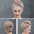 thumbnail image 4 of Terciopelo de coral suave Mujeres Instantáneo Secado Sombrero Microfibra Super Húmeda Curly Hair Care Wrap Cute Cap Loop Turban Toalla Baño Café Café Caqui seitruly HA010397-01, 4 of 6