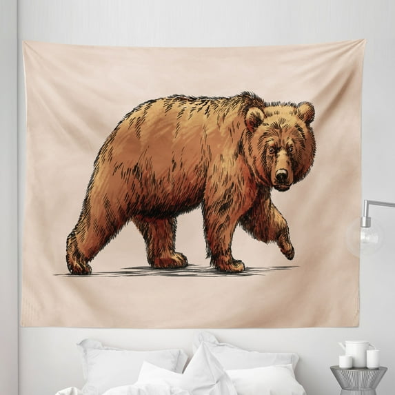 Bear Tapestry, Ink Drawing Style Wildlife Beast Carnivore Walking Zoology Nature Themed Art, Fabric Wall Hanging Decor for Bedroom Living Room Dorm, 5 Sizes, Brown Rose, by Ambesonne
