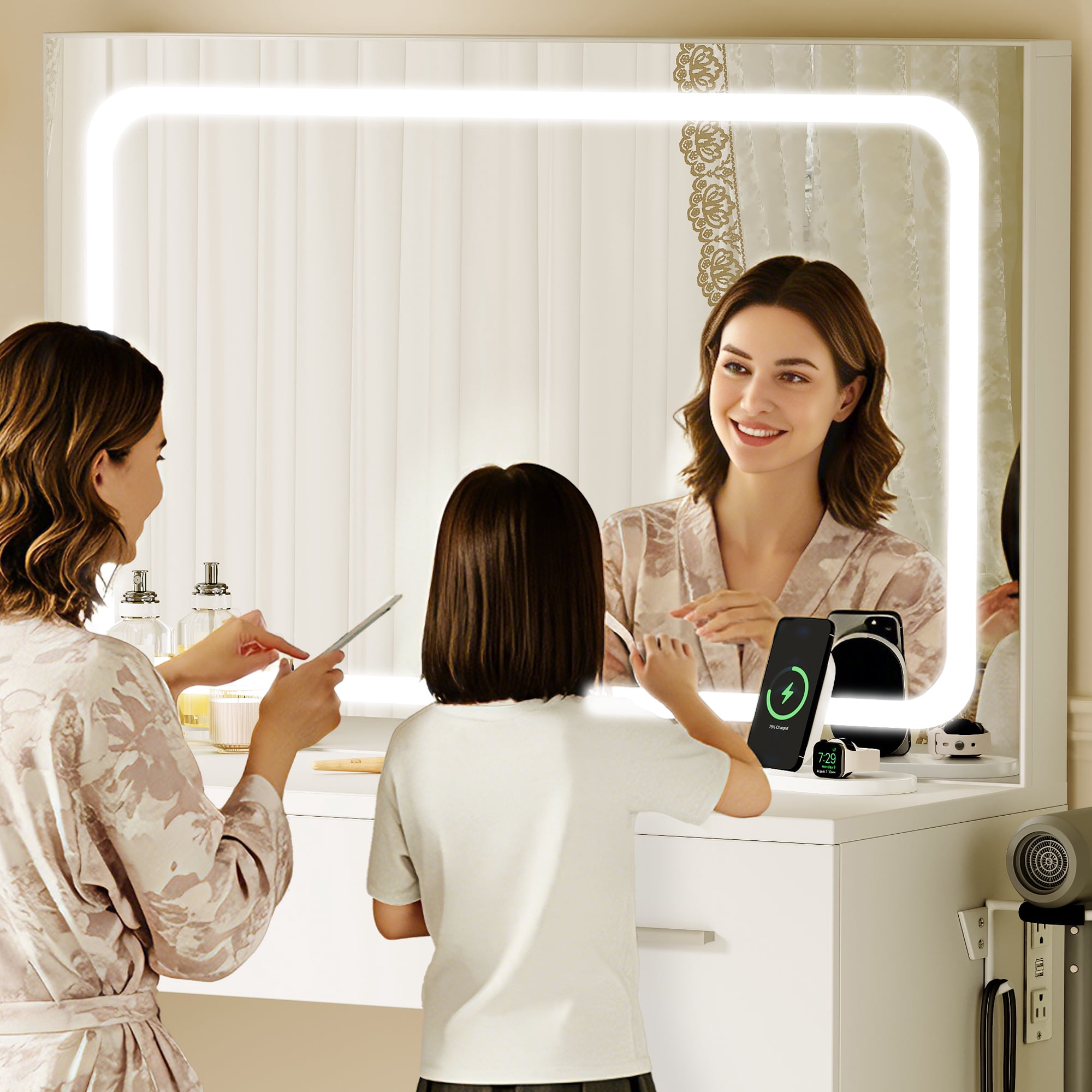 LIVELYGLOW Smart LED Vanity Desk with Stool, Dimmable Lighted Mirror, Built-in Power Outlets & USB Ports, Spacious Drawer Makeup Table for Bedroom,White
