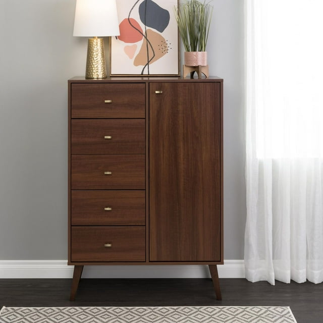 Prepac Milo Mid-Century Modern 5-Drawer Chest with Door