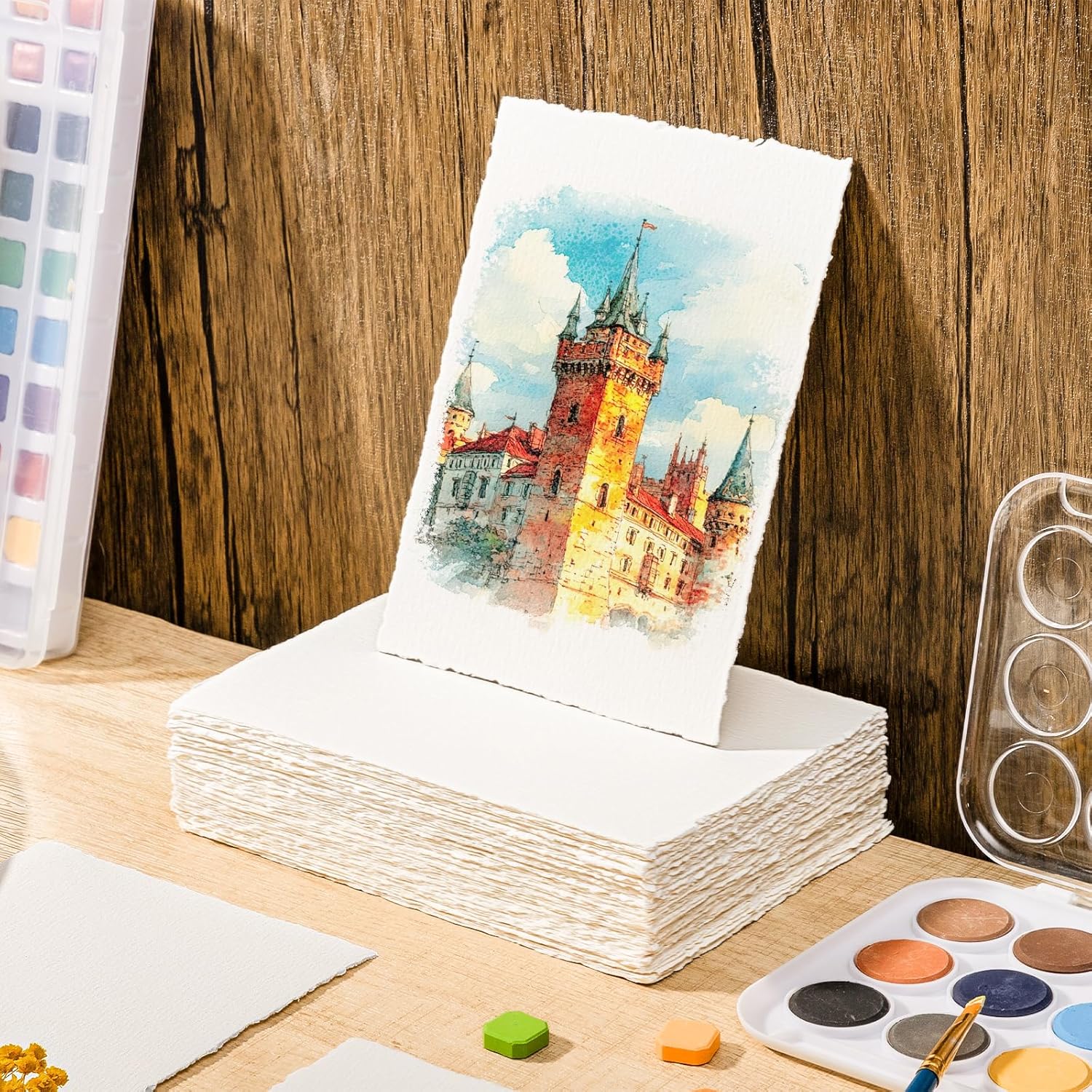 100 Sheets Watercolor Paper 4 x 6inch, 300 GSM Deckled Edge Paper Rough/Textured Handmade Paper for Watercolors, Wedding Invitations, Cards, Crafts