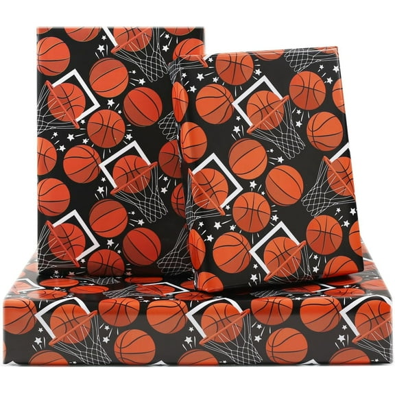 Basketball Wrapping Paper for Boys Girls Kids, Sports Basketball Theme Design Blcak Birthday Paper 6 Sheets Folded Flat 20x28 inches per Sheet for Birthday Party Baby Shower