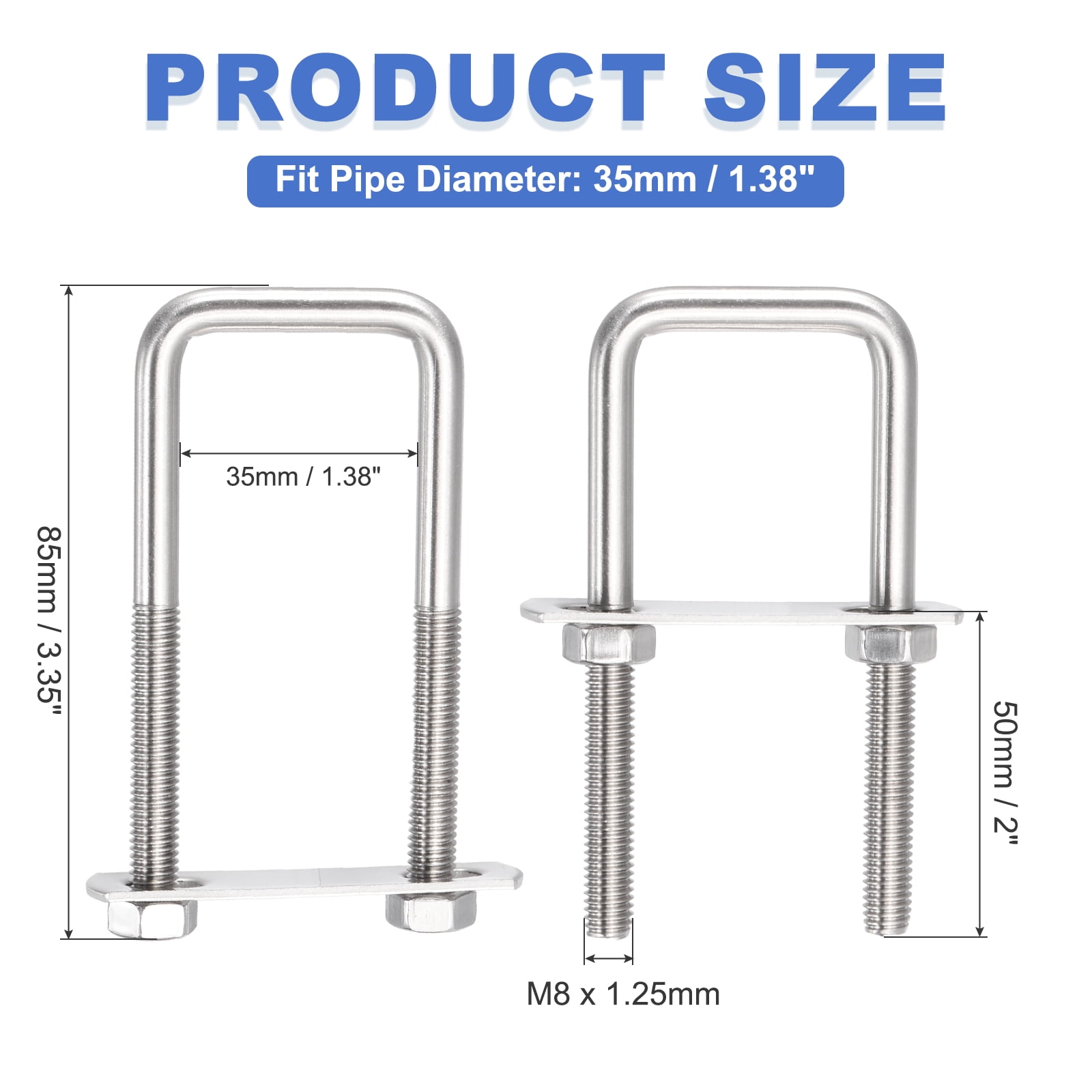 Uxcell 4 Sets M8 Square U-Bolts, 1.38" Inner Width 3.35" Length 304 Stainless Steel U Clamp Bolts with Nuts, Plates and Wrench