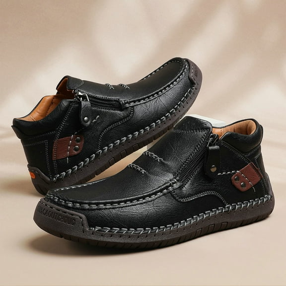 HAJWOH The First Young Shoes Men, Men’S Handmade Premium Leather Slip-On Driving Boots Travel & Outdoor Black US-10.5(EU-46)