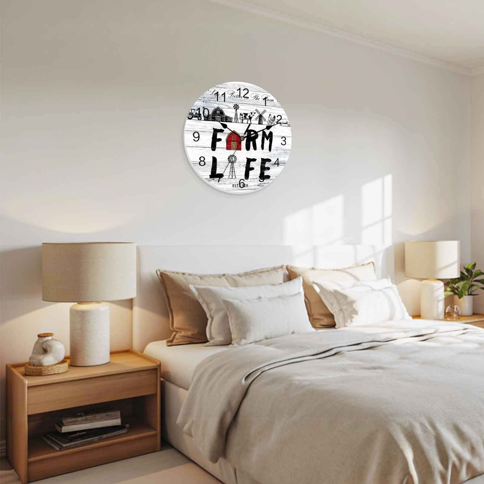 Wall Clock Farm Life Clocks PVC Silent Non-Ticking Battery Operated Decorative Farmhouse Barn Windmill Cow Chicken Tractor Wood Round Clock for Home Living Room Kitchen Bedroom Wall Decor 10 Inch