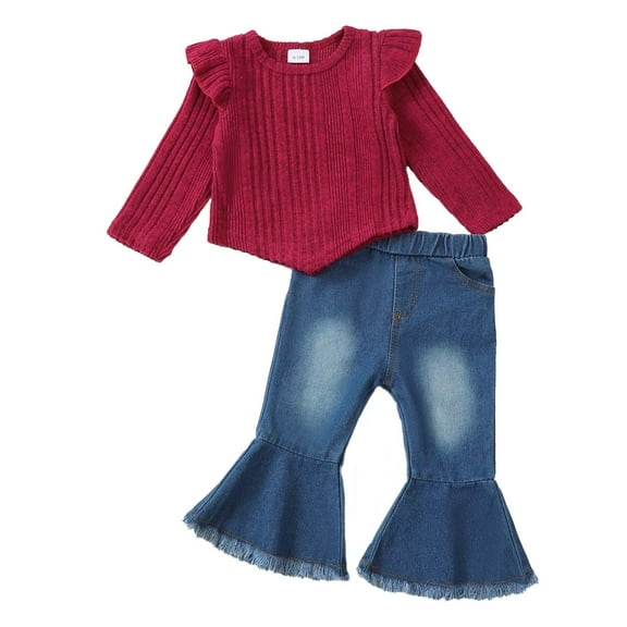 KIMI BEAR Infant Baby Girls Outfits 12-18 Months Winter Warm Clothes Sets Ruffle Long Sleeves Knit Top Solid Color Pullover Top Flared Denim Pants Jeans 2pcs Sets Red