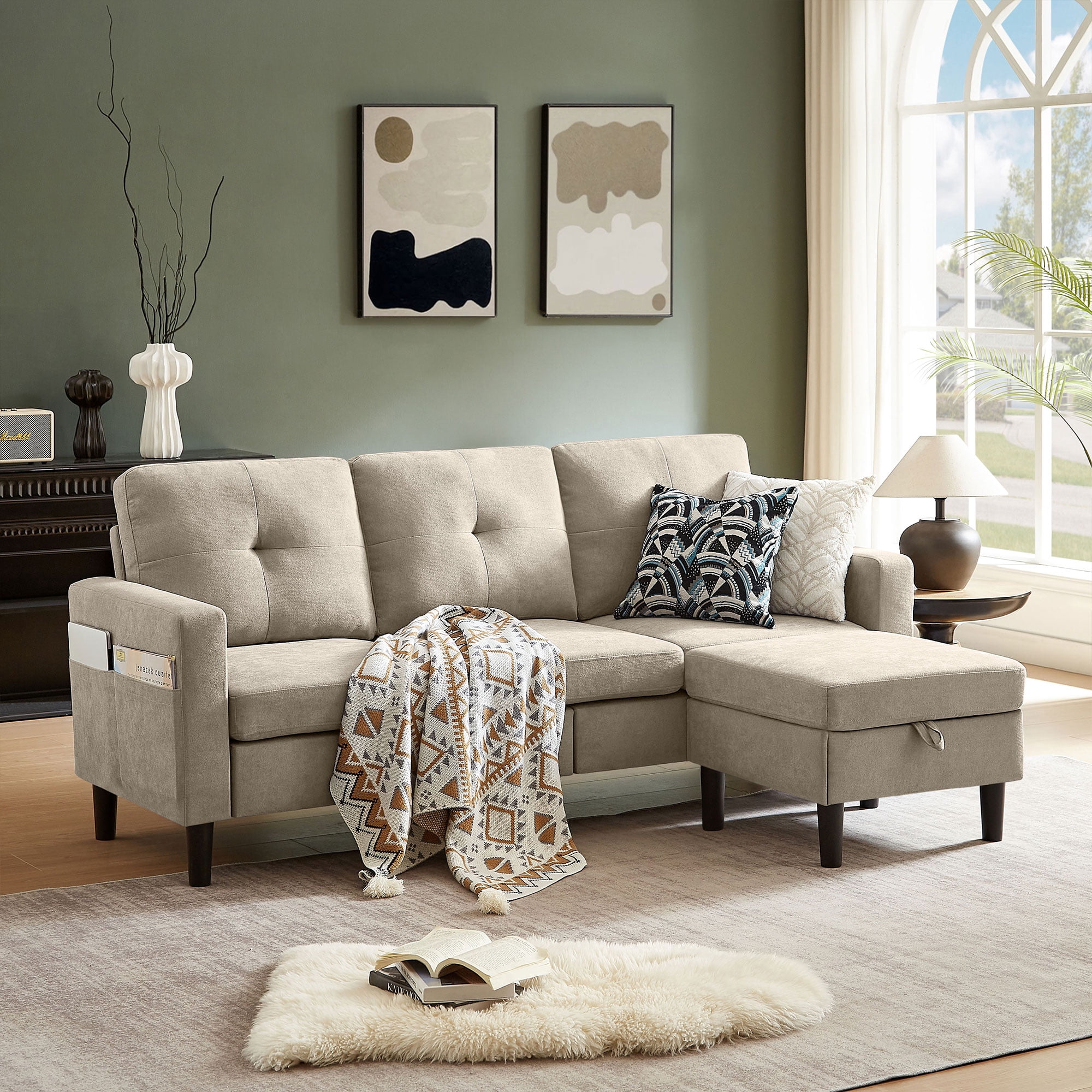 Pingliang Home Sectional Sofa with Storage Ottoman, Modern Couch with Footstool and Side Pockets,3 Seat L Shaped Couches for Living Room Apartment Office Studio