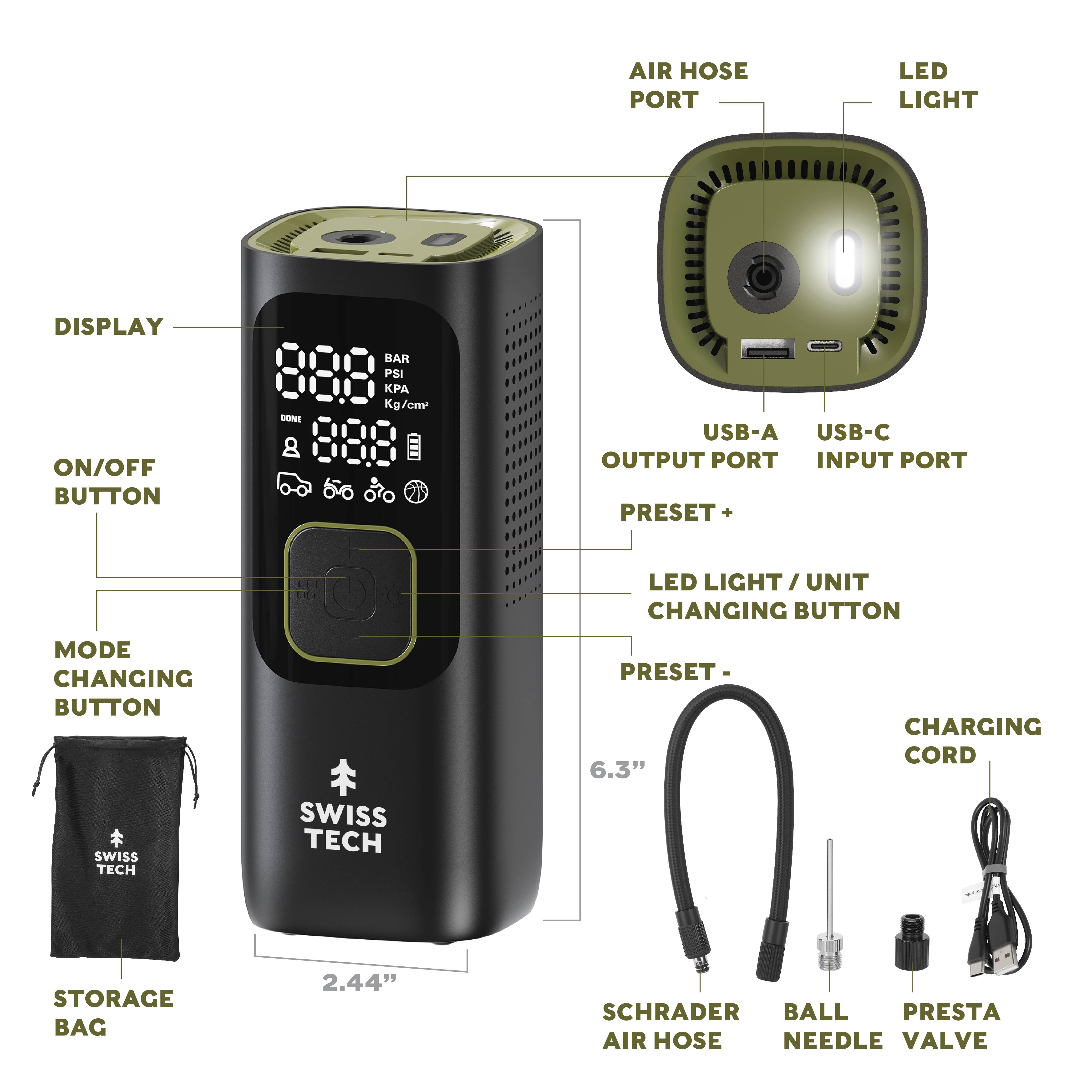 Swiss Tech Portable Cordless Tire Inflator with Digital Display and LED Light, 160 PSI Capacity