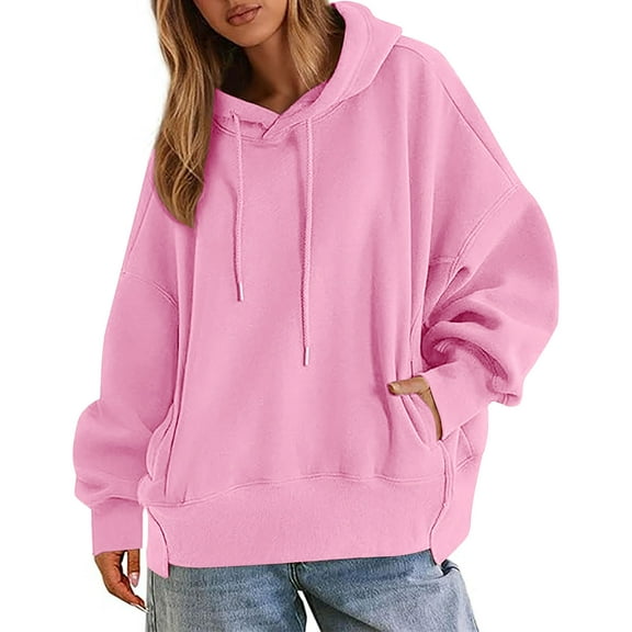 Womens Oversized Hoodes Sweatshirts, Long Sleeve Pullover for Women Fall Fashion Loose Fit Solid Color Crewneck Drawstring Hoodies with Pockets