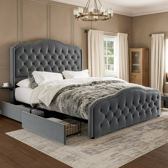 GUNAITO Cadre de Lit Deux Places avec 4 Tiroirs de Rangement, Lit Plateforme Capitonné en Velours avec Tête de Lit à Oreilles et Table de Chevet avec Rangement, Gris