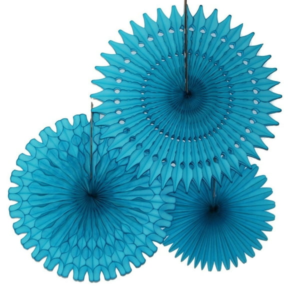 Hanging Turquoise Blue Tissue Fan Decorations, Set of 3 (21 inch, 18 inch, 13 inch) by Devra Party