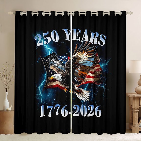 Manfei Lightning Eagle Kitchen Curtains, 1776-2026 USA Flag Black Out Curtains Pack of 2 (42x63 Each), Red White Blue Black