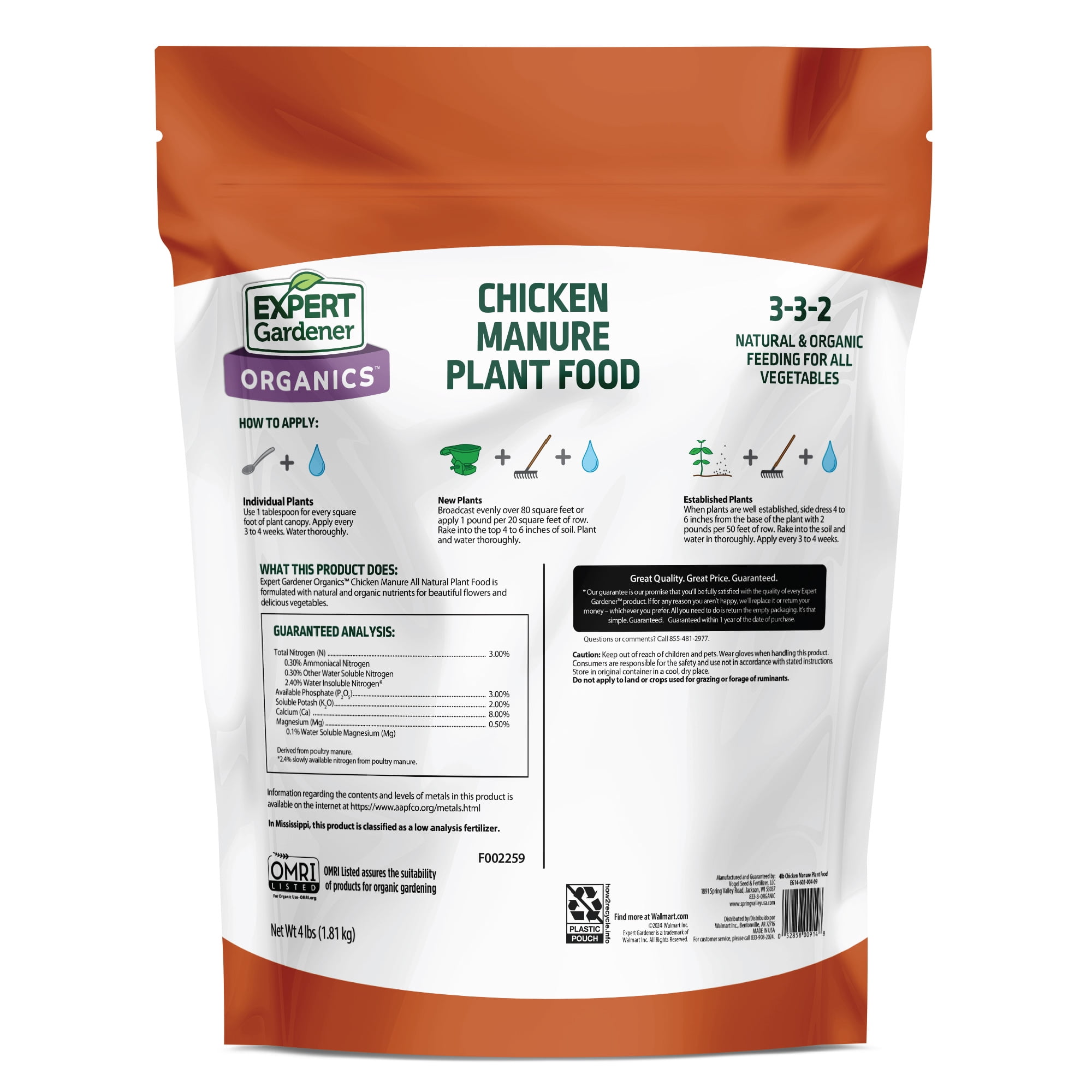 Expert Gardener Organics Chicken Manure All-Natural Plant Food, 4 lb Fertilizer