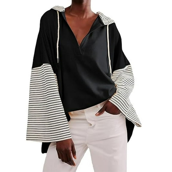 DAFPZW Womens Long Bell Sleeve V Neck Hoodie Sweatshirts Colorblock Lightweight Oversized Drawstring Pullover Tops Loose Fit