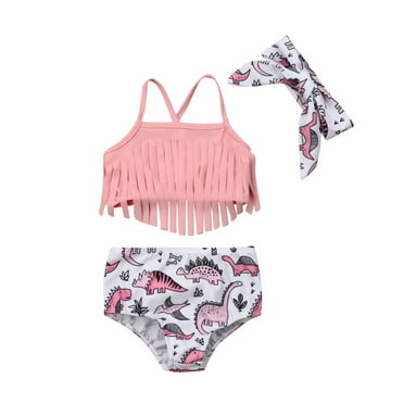 Emmababy 3PCS Baby Girls Dinosaur Swimsuit Tassels Swimwear Beach Wear Outfits