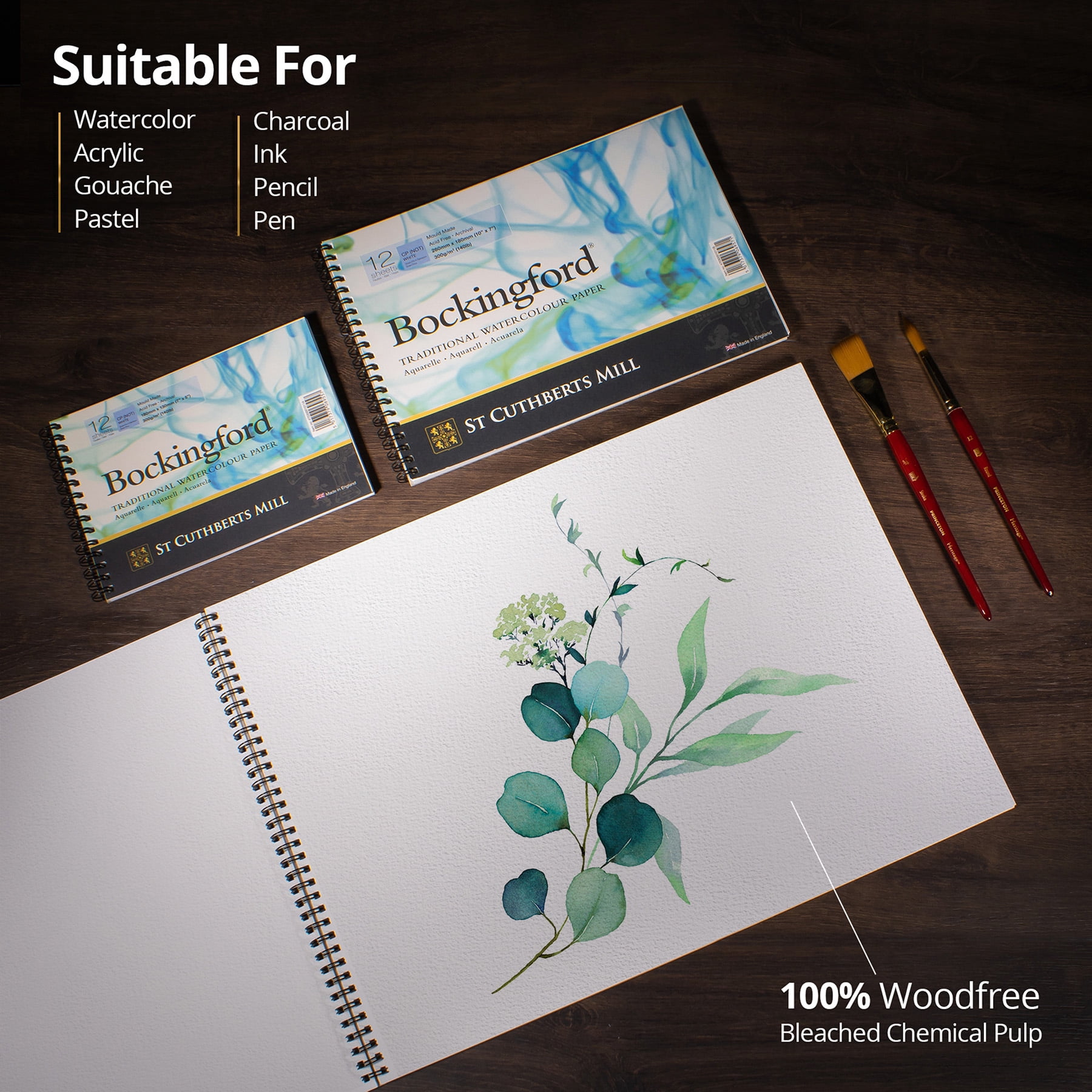 St Cuthberts Bockingford Watercolor Pad, Cold Pressed, Spiral Binding, 140lb/300gsm, 12 Sheet, 7x10 inch, Pack of 2