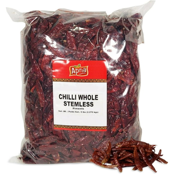 Apna Chilli Whole Stemless 5lb Pack of 4 (4x5 lb), Dried Red Pepper (Lal Mich Sabut), Deggi Mirch, Quality Natural Herbs & Spices for Cooking