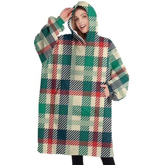 Oversized Wearable Blanket Hoodie,Multi Color Checkerboard Checkered Pattern Sherpa Blanket Hoodie with Super Pockets,Super Warm Fuzzy Pullover for Women & Men