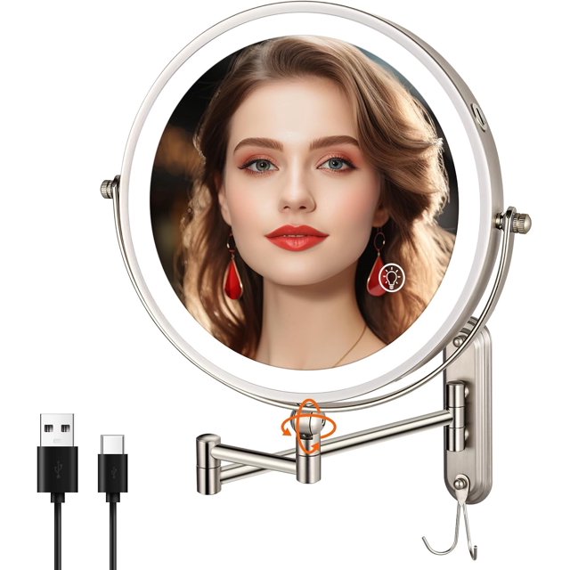 Rechargeable Wall Mounted Lighted Makeup Mirror DoubleSided /x Magnifying Mirror with Color Lights Vanity Mirror with DualTouch & Luminance Memory (Nickel)