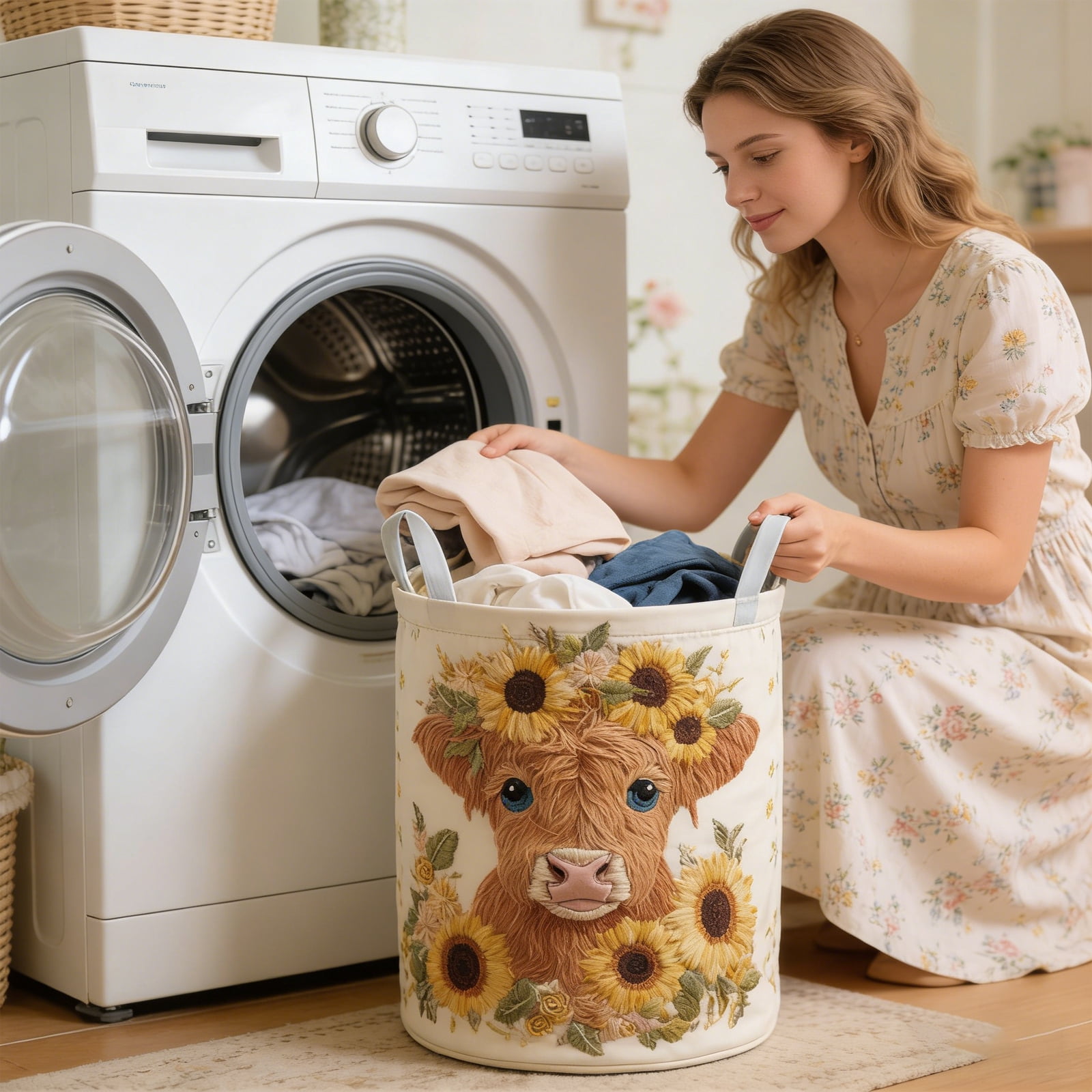 16x22 Inch 3D Quilted Round Laundry Hamper M Size, Heavy Duty Fabric Dirty Clothes Basket, Foldable High Capacity Storage Organizer Bin for Bathroom