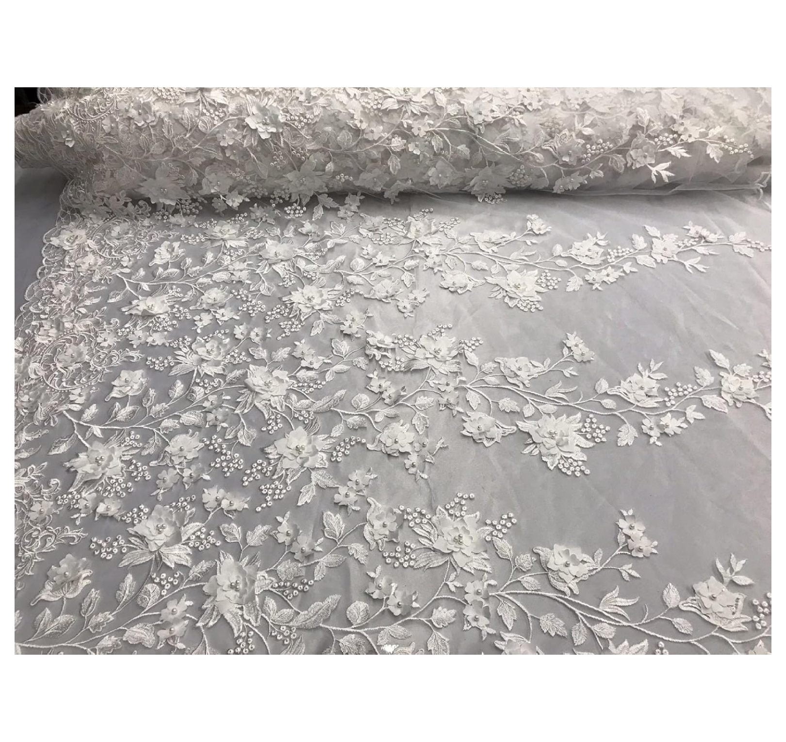 White 3D Floral Embroider with Pearls ON A MESH LACE-Sold by Yard.