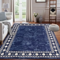 Garvee 4'x6' Geometric Bordered Area Rugs Contemporary Rugs for Living Room, Non-Slip Washable Rugs Soft Throw Rugs Low-Pile Stain Resistant Carpet for Bedroom Dining Room Farmhouse, Blue