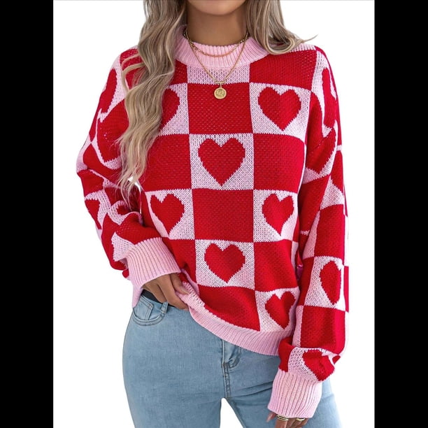 Suéter de Cuello Alto para Mujer, Larga, Bloque, Corazón, Tejido, Otoño Invierno, Jersey de Punto Acanalado. Rojo S