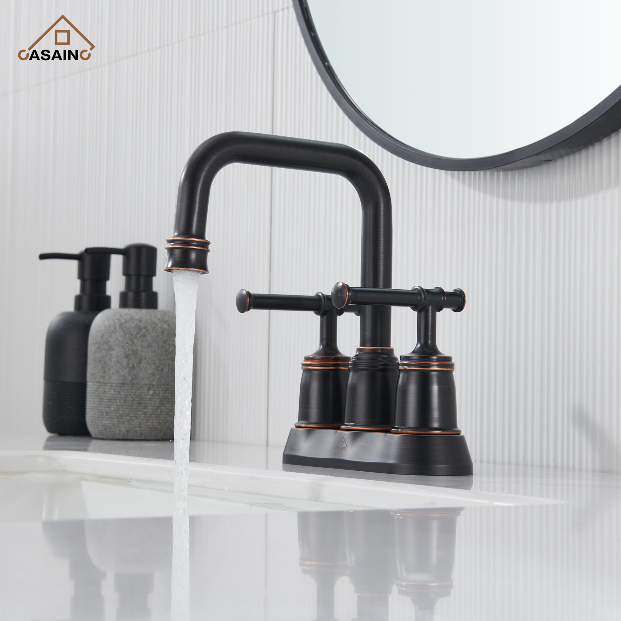 CASAINC 4 in. Centerset Double Handle Bathroom Sink Faucet Lavatory Faucet with Stainless steel Drain in Oil Rubbed Bronze