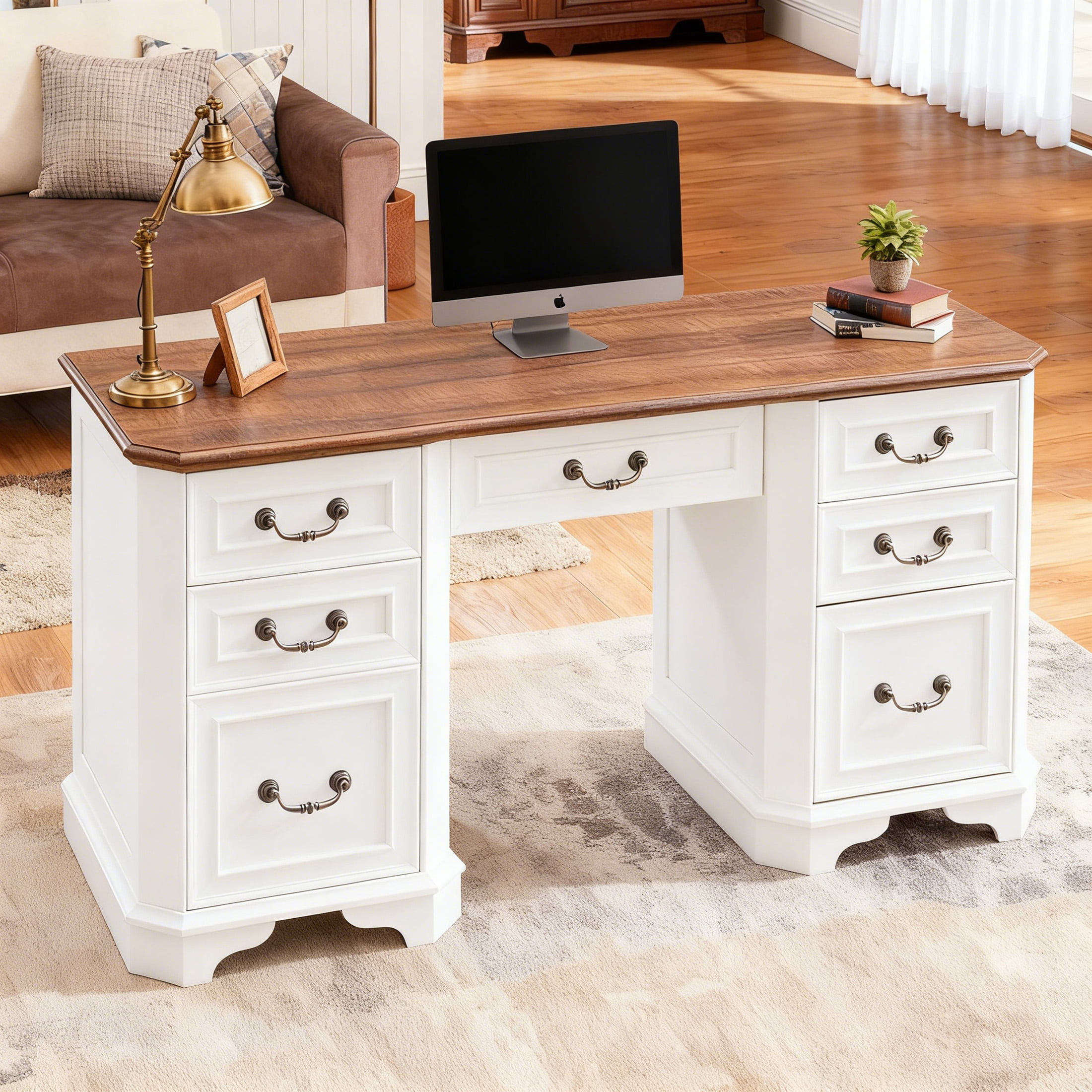 OKD 59" Farmhouse Office Desk，Rustic Desk - Engineered Wood，Corner Desk Charging Station，File drawer，For Study & Living Room Use