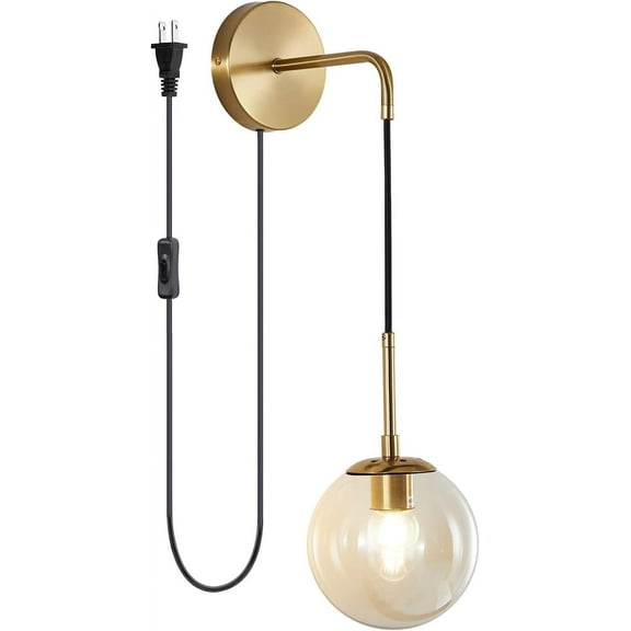 KCO Lighting Mid Century Modern Gold Globe Wall Lamp with Plug in Cord Minimalist Glass Ball Wall Sconce Vintage Wall Mounted Lighting Reading Light (Amber)