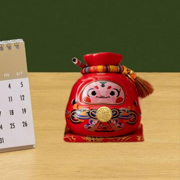 Bag Lucky Piggy Bank Almacenamiento República de recuerdo Estatua de bolsas de dinero Money Saving Box Figurina de cerámica para el escritorio de Rojo